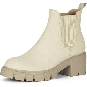 Athlefit Women's Beige Faux Leather  Lug Sole Chunky Heel Slip on Chelsea Boot